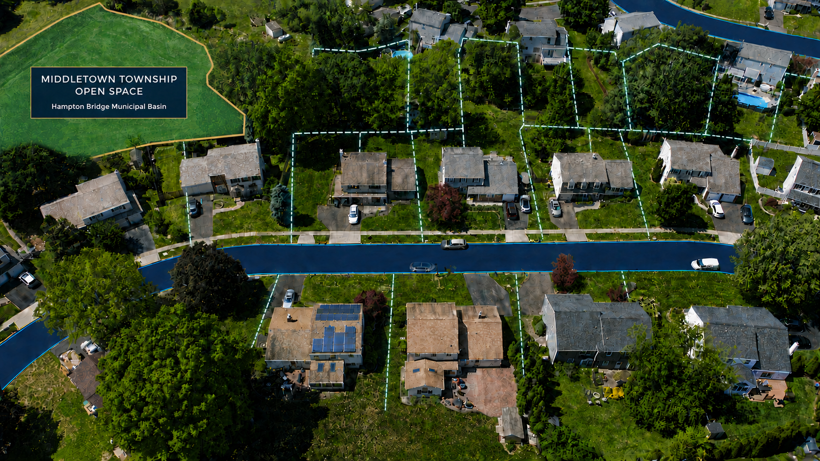 Enhanced OwEmG aerial property map with a landmark callout and illustrative lot guides