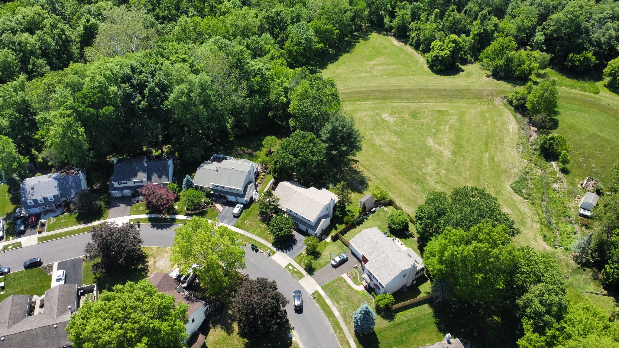 OwEmG aerial view showing homes beside a large greenbelt and wooded area